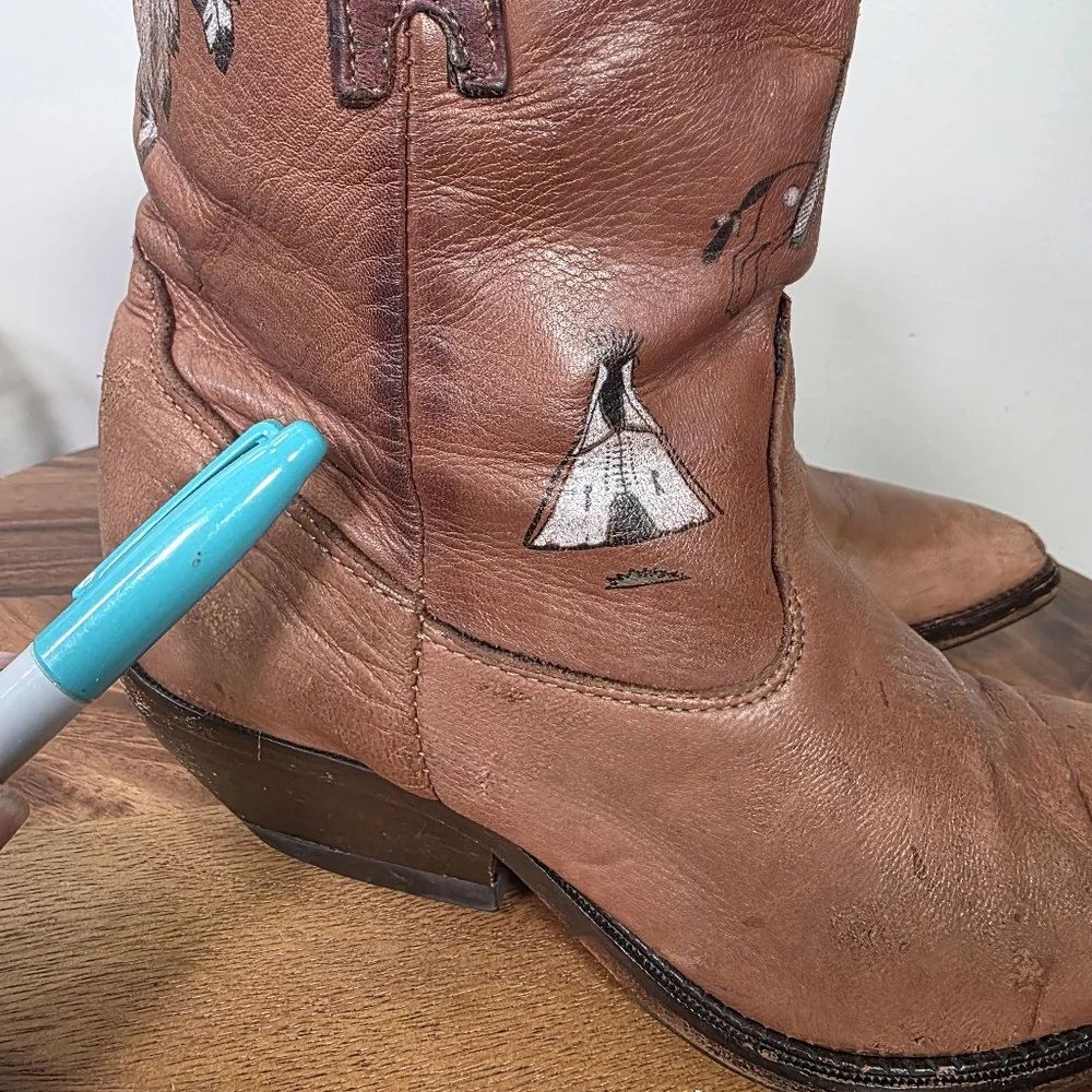 Vtg 90s Zodiac Western Ankle Boots Hand Painted Native American Size 6.5